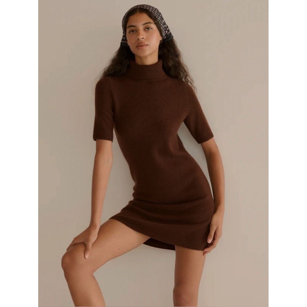 DOEN Agathe Cashmere Dress Dark Umber S Brown Turtleneck Knit Mini 60s Fitted